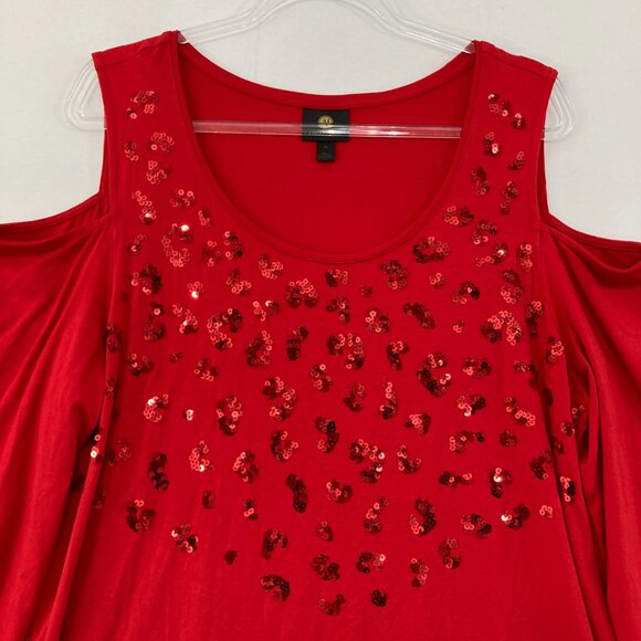 New JM Collection Top size XL Red Sequins Evening Cold Shoulder Stretch Romantic - Picture 3 of 10